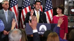 U.S. Speaker of the House Rep. Paul Ryan speaks as House Majority Leader Rep. Kevin McCarthy and House Republican Conference Chair Rep. Cathy McMorris Rodgers look on during a news briefing at the headquarters of Republican National Committee May 17, 2017 in Washington, DC. House Republican spoke to members of the media after a party conference meeting next door at the Capitol Hill Club. 
