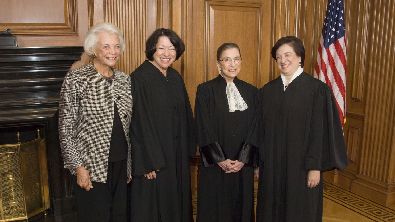 The only women who have become Supreme Court justices pose together in 2010. From left are Sandra Day O'Connor, Sonia Sotomayor, Ginsburg and Elena Kagan.