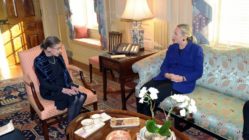 Ginsburg visits with Secretary of State Hillary Clinton at the State Department in Washington in 2012.
