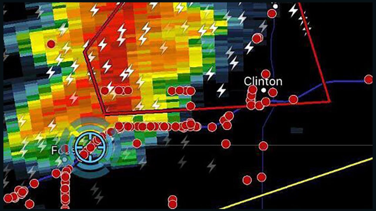 Storm chasers (red dots) converge on a tornado warning storm (red box) in western Oklahoma.