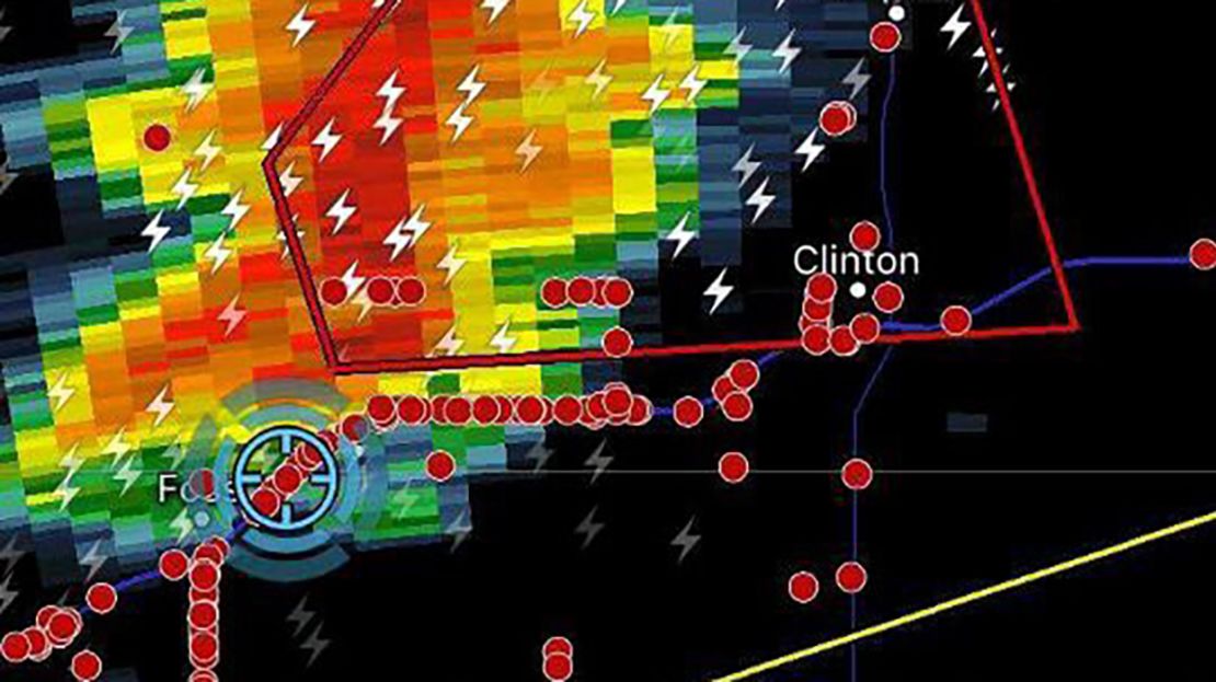 Storm chasers (red dots) converge on a tornado warning storm (red box) in western Oklahoma.