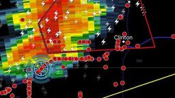 Storm chasers (red dots) converge on a tornado warning storm (red box) in western Oklahoma.