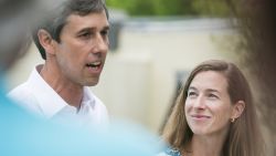 Rep. Beto O'Rourke (D-TX), with wife Amy Hoover Sanders by his side, holds a fundraiser at the Austin Motel on April 1, 2017 in Austin, Texas.