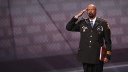 ATLANTA, GA:  David Clarke Jr., sheriff of Milwaukee County, Wisconsin, salutes as he leaves the stage after speaking at the NRA-ILA's Leadership Forum at the 146th NRA Annual Meetings & Exhibits on April 28, 2017 in Atlanta, Georgia. (Scott Olson/Getty Images)