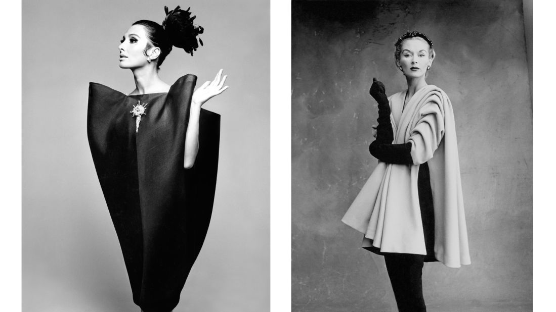 L: Alberta Tiburzi wears a Balenciaga envelope dress in Harper's Bazaar's June 1967 issue. <br />R: Lisa Fonssagrives-Penn wears a Balenciaga coat in 1950. 