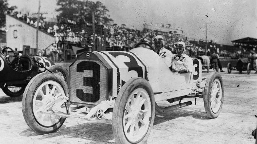 Gil Andersen of Norway with his riding mechanic aboard the #3 Stutz Motor Company Stutz Bearcat racer before the start of the third running of the Indianapolis 500 Mile Race on 30 May 1913 at the Indianapolis Motor Speedway, Speedway, Indianapolis, United States. (Photo by Topical Press/Hulton Archive/Getty Images).
