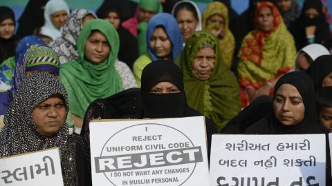 Indian Muslim women participate in a rally to oppose the Uniform Civil Code (UCC) that would outlaw the practice of "triple talaq" in Ahmedabad in 2016. 