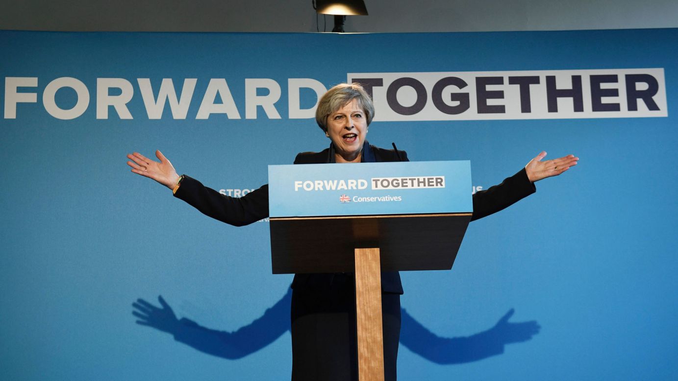 British Prime Minister Theresa May gestures during the launch of the Conservative Party manifesto on Thursday, May 18. <a href="http://www.cnn.com/2017/05/18/europe/uk-election-2017/" target="_blank">The general election</a> is June 8.
