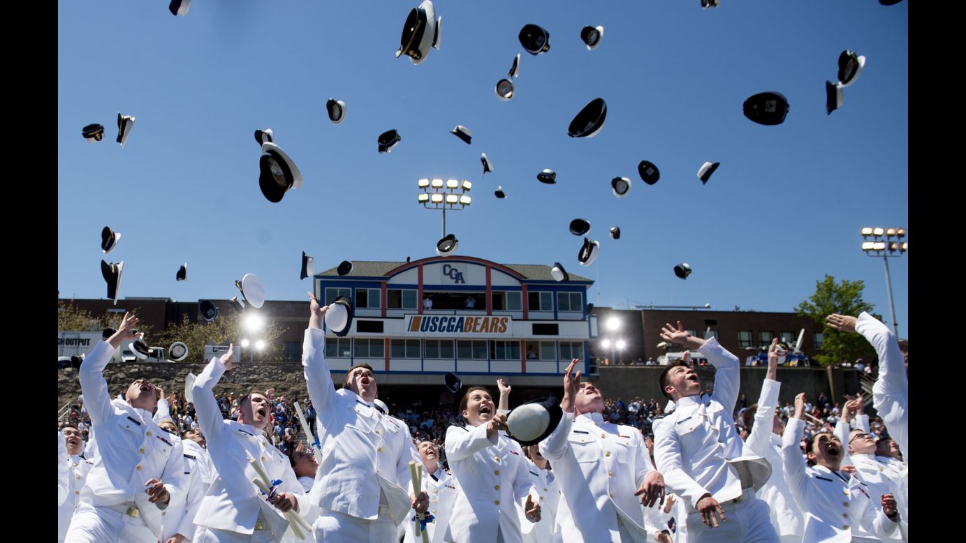 Newly commissioned ensigns throw their hats in the air Wednesday, May 17, as they graduate from the US Coast Guard Academy in New London, Connecticut. President Trump <a href="http://www.cnn.com/2017/05/17/politics/trump-coast-guard-speech/" target="_blank">gave the commencement address.</a>