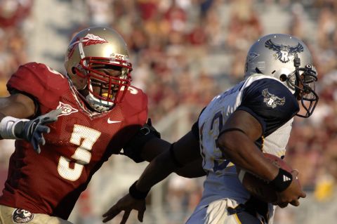 Rolle, as a Florida State University freshman safety, chasing Rice quarterback Joel Armstrong during a game in 2006. After his undergraduate career at the university, Rolle completed a Rhodes Scholarship at Oxford University, where he earned a master's degree in medical anthropology.