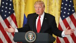 President Donald Trump delivers remarks during a joint news conference with Colombian President Juan Manuel Santos at the White House May 18, 2017 in Washington, DC. 