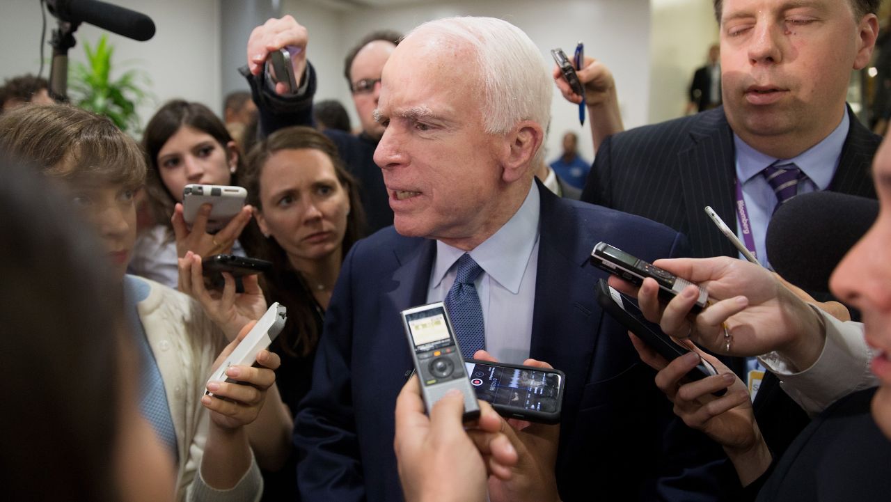 U.S. Sen. John McCain speaks to the media after the closed briefing May 18, 2017 on Capitol Hill in Washington, DC. Rosenstein participated in a closed briefing for senators to discuss the removal of former FBI Director James Comey. 