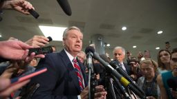 U.S. Sen. Lindsey Graham speaks to the media after the closed briefing May 18, 2017 on Capitol Hill in Washington, DC. Rosenstein participated in a closed briefing for senators to discuss the removal of former FBI Director James Comey. 