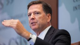 FBI Director James Comey speaks during an interview with National Security Division Assistant Attorney General John Carlin during a conference between The Center for Strategic and International Studies(CSIS) and the Justice Department at the CSIS building September 14, 2016 in Washington, D.C. (ZACH GIBSON/AFP/Getty Images)

