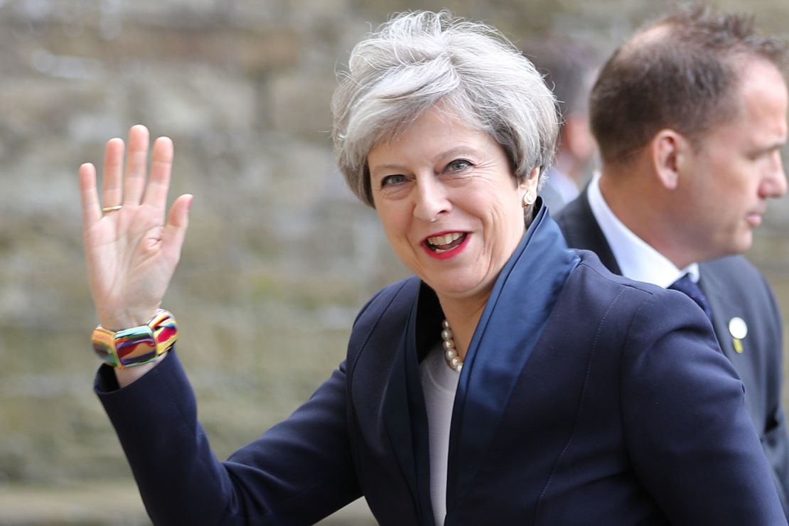 UK Prime Minister Theresa May arrives at the launch of the Conservative Party's Election Manifesto.