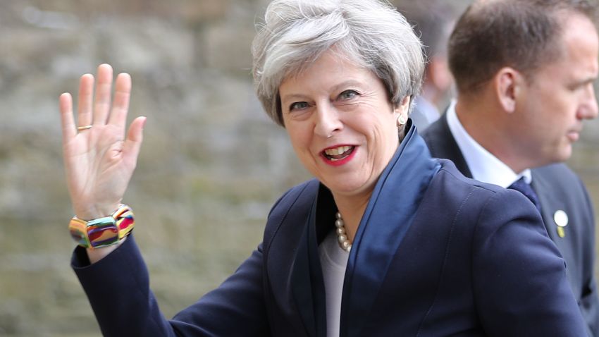 UK Prime Minister Theresa May arrives at the launch of the Conservative Party's Election Manifesto, in Halifax, on May 18, 2017.