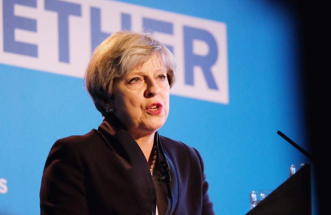UK Prime Minister Theresa May launches the Conservatives' election manifesto on May 18, 2017.