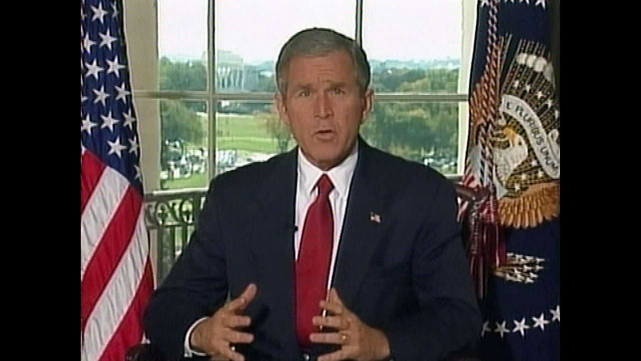 In this image taken from video, US President George W. Bush addresses the nation from the White House on October 7, 2001. He announced that US and British forces had begun airstrikes on Taliban and al Qaeda targets in Afghanistan. The United States linked the Sept. 11 attacks to al Qaeda, a group that operated under the protection of the Taliban regime in Afghanistan. The military operation was launched to stop the Taliban from providing a safe haven to al Qaeda and to stop al Qaeda's use of Afghanistan as a base for terrorist activities.