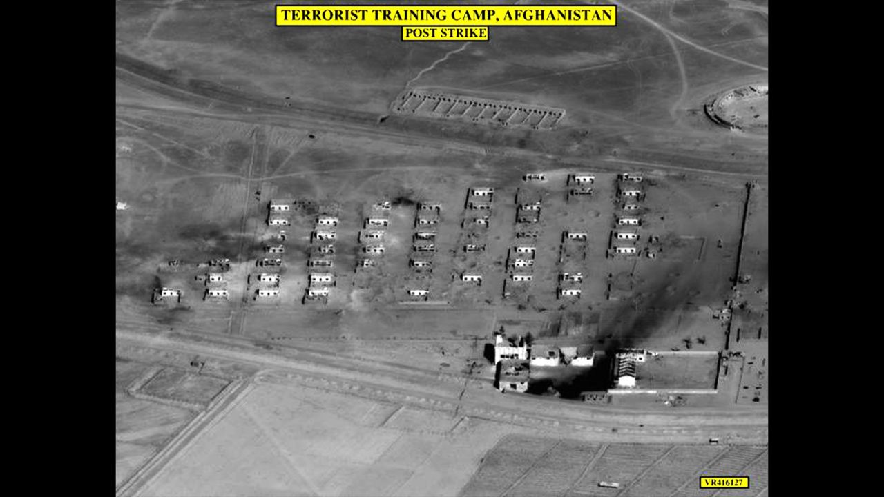 An aerial photo, released by the US Department of Defense on October 31, 2001, shows damage to a reported terrorist training camp in Afghanistan. US planes bombed the Taliban front line north of the Afghan capital of Kabul.