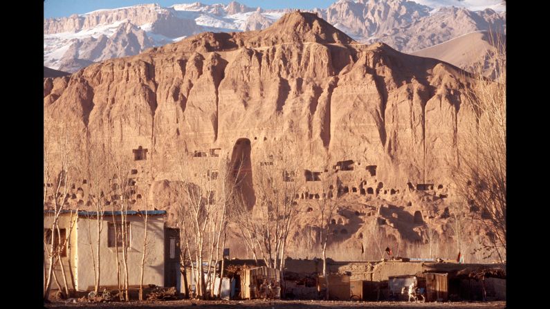 Damage is seen in Bamiyan, Afghanistan, where the Taliban destroyed the Buddhas of Bamiyan, the two tallest standing Buddhas in the world. The act generated an outcry in the international community. The Taliban also destroyed villages and towns in Bamiyan Province.