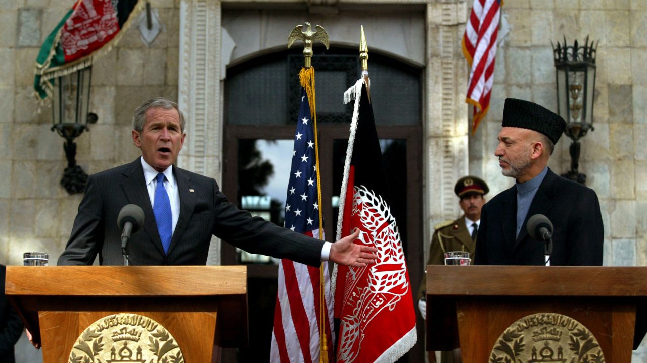 Bush and Karzai attend a news conference in Kabul on March 1, 2006. It was Bush's first visit to Afghanistan.