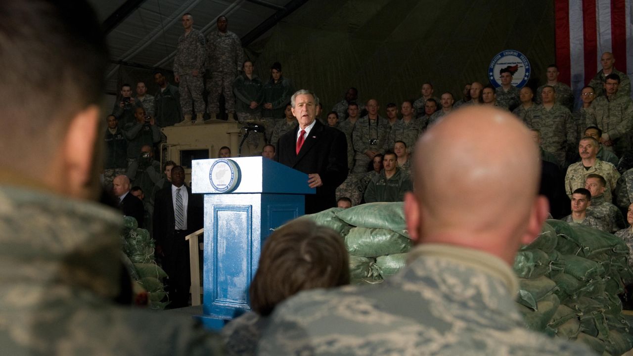 Bush speaks to US troops during an unannounced visit to Bagram Air Base on December 15, 2008. It was his second and last visit to Afghanistan as President.