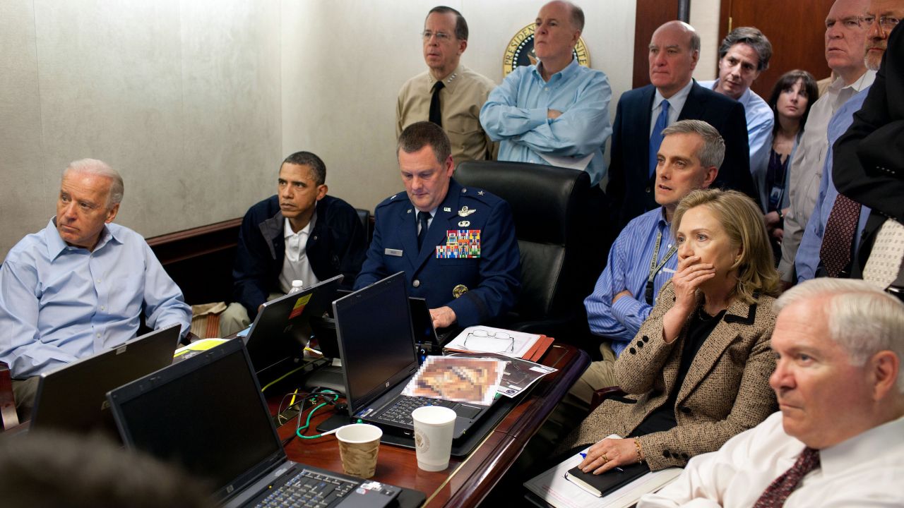 Obama and members of his national security team monitor the mission against Osama bin Laden on May 1, 2011. Bin Laden was killed when Navy SEALs conducted a raid at a compound in Pakistan. <em>(Editor's note: The classified document in front of Hillary Clinton was obscured by the White House.)</em>