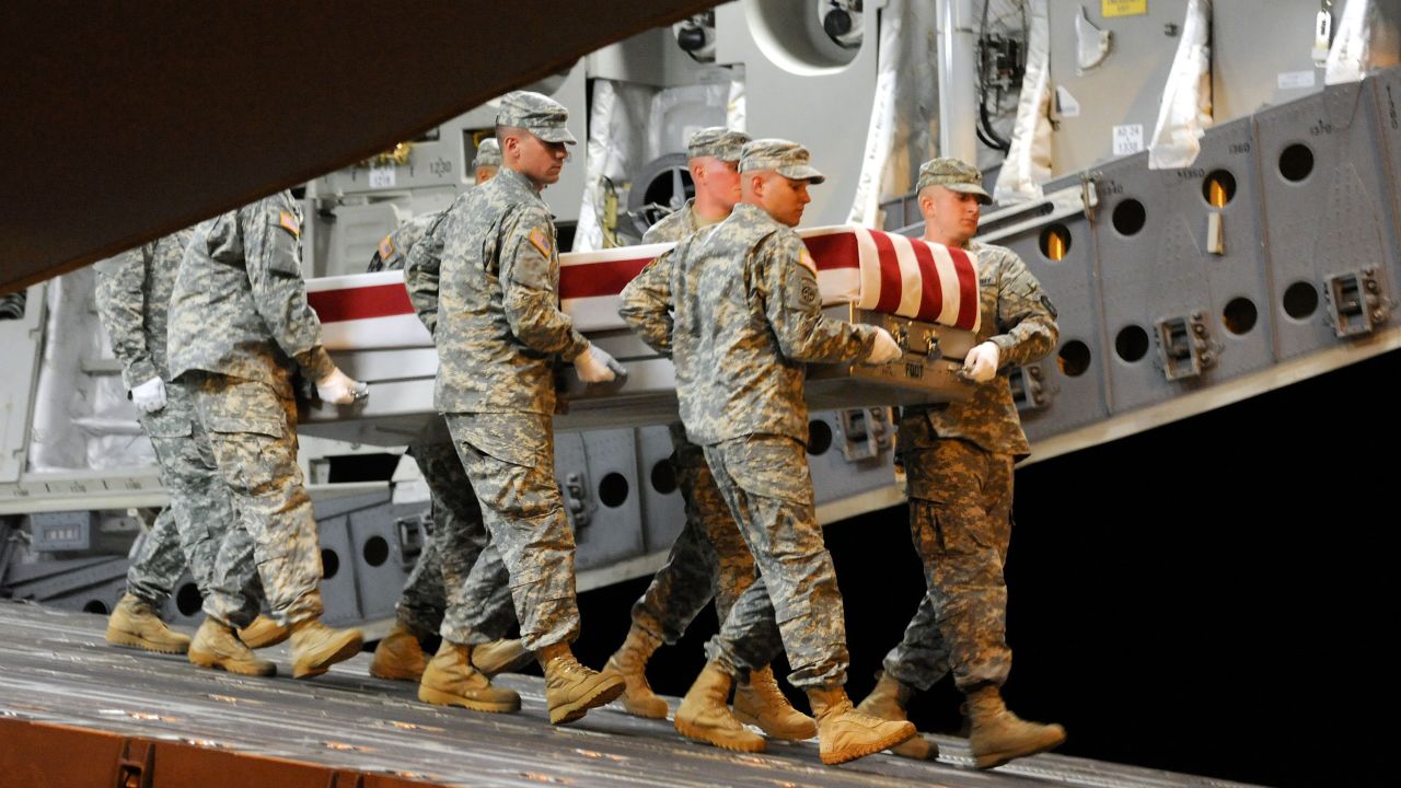 A US Army carry team moves the remains of Sgt. William B. Gross Paniagua at Dover Air Force Base in Delaware on August 1, 2011. Gross Paniagua died in Afghanistan on July 31, 2011, from injuries sustained by an improvised explosive device.