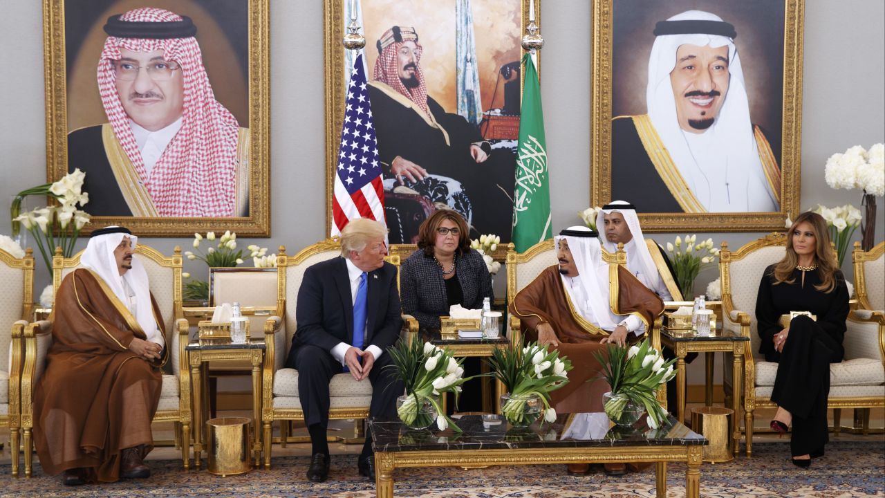 Trump meets with King Salman after the welcome ceremony at the airport's Royal Terminal.