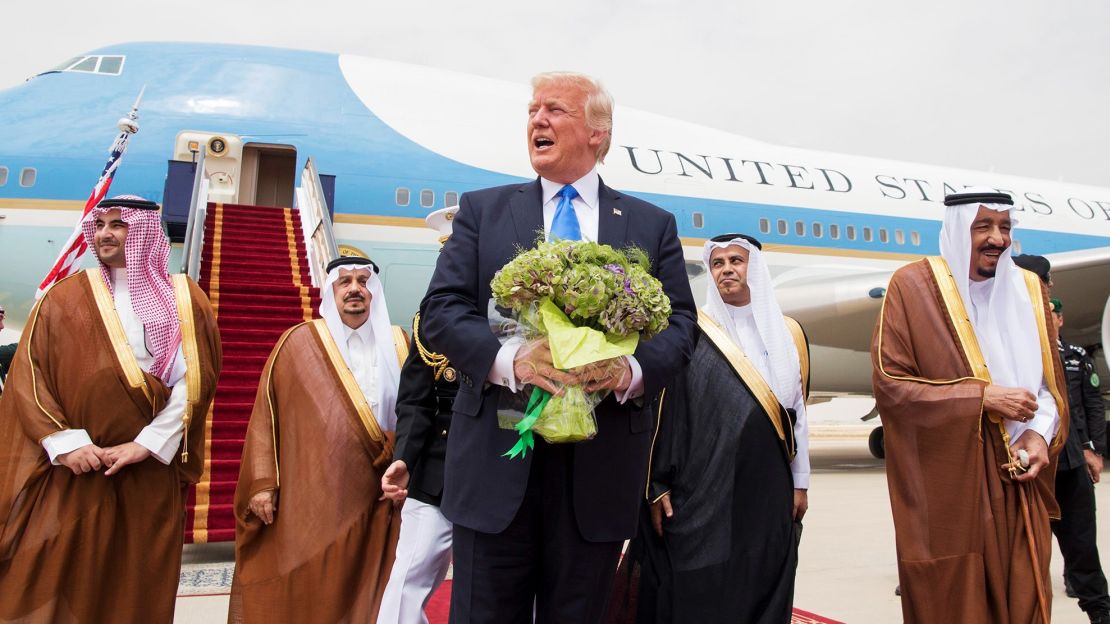 Trump is welcomed by King Salman during the President's arrival Saturday at the King Khalid International Airport in Riyadh.