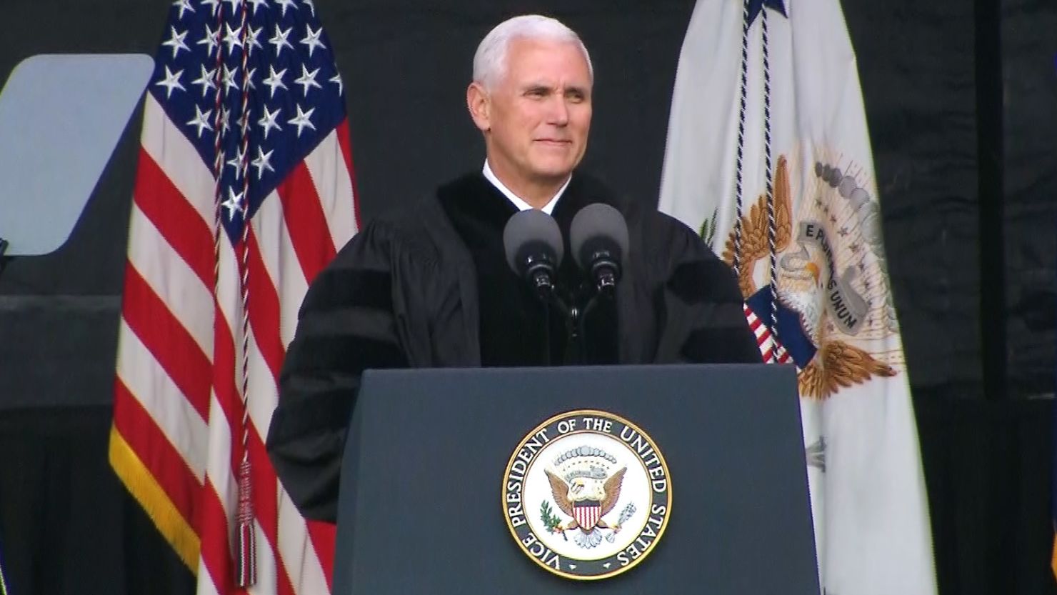 Vice President Mike Pence speaks at the Grove City College graduation ceremony on Saturday, May 20, 2017.