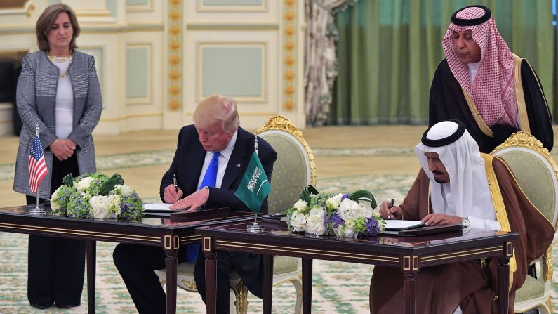 Trump and King Salman take part in a signing ceremony at the Saudi Royal Court in Riyadh on May 20. The two leaders oversaw <a href="index.php?page=&url=http%3A%2F%2Fwww.cnn.com%2F2017%2F05%2F20%2Fpolitics%2Fdonald-trump-middle-east%2F" target="_blank">the signing of a defense deal</a> worth nearly $110 billion.