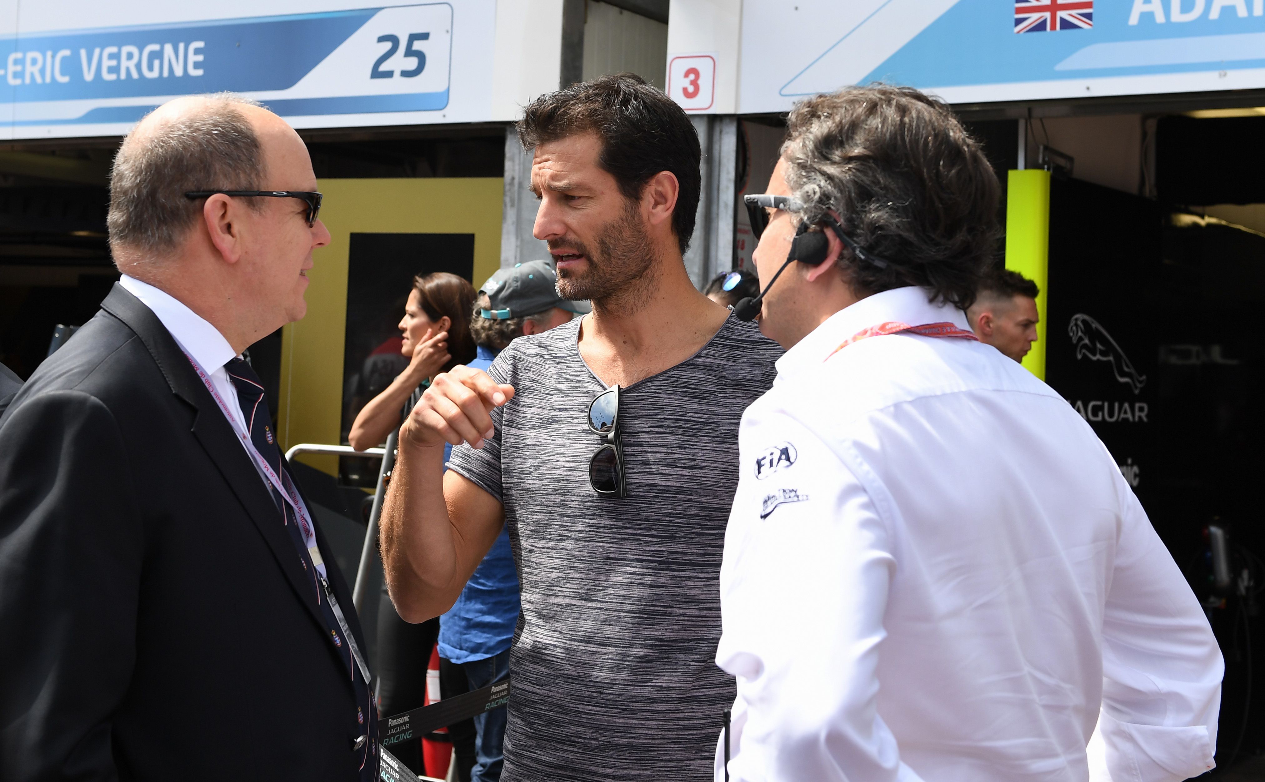 Ex-F1 star Mark Webber in conversation with Prince Albert of Monaco (left) and Formula E CEO Alejandro Agag at the Monaco ePrix.