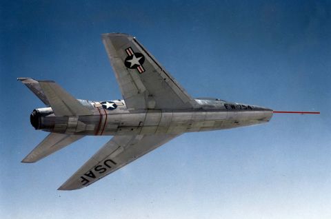 This prototype model called the YF-100 first flew on May 25, 1953, at Edwards Air Force Base, California.