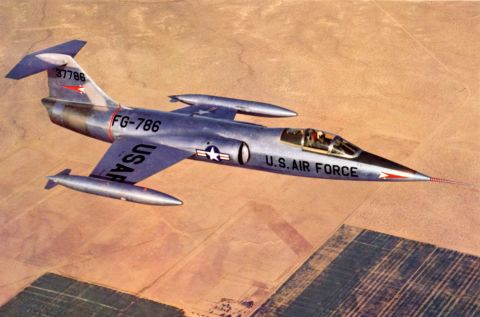 Created by Lockheed's legendary designer Kelly Johnson, this sleek fighter jet with the pointy nose, stubby wings and a T-tail proved challenging for some pilots to master. Called the "missile with the man in it" -- the F-104 was the first US jet fighter designed to fly twice the speed of sound. The prototype XF-104 is shown here. 