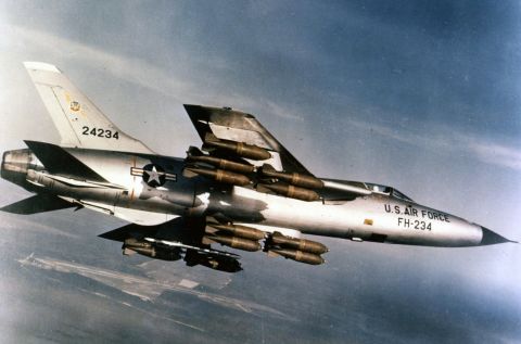 First flight: October 1955. Maximum speed: 1,390 mph. The F-105 could carry 12,000 pounds of conventional weapons -- a heavier bomb load than the much larger World War II-era B-17. 