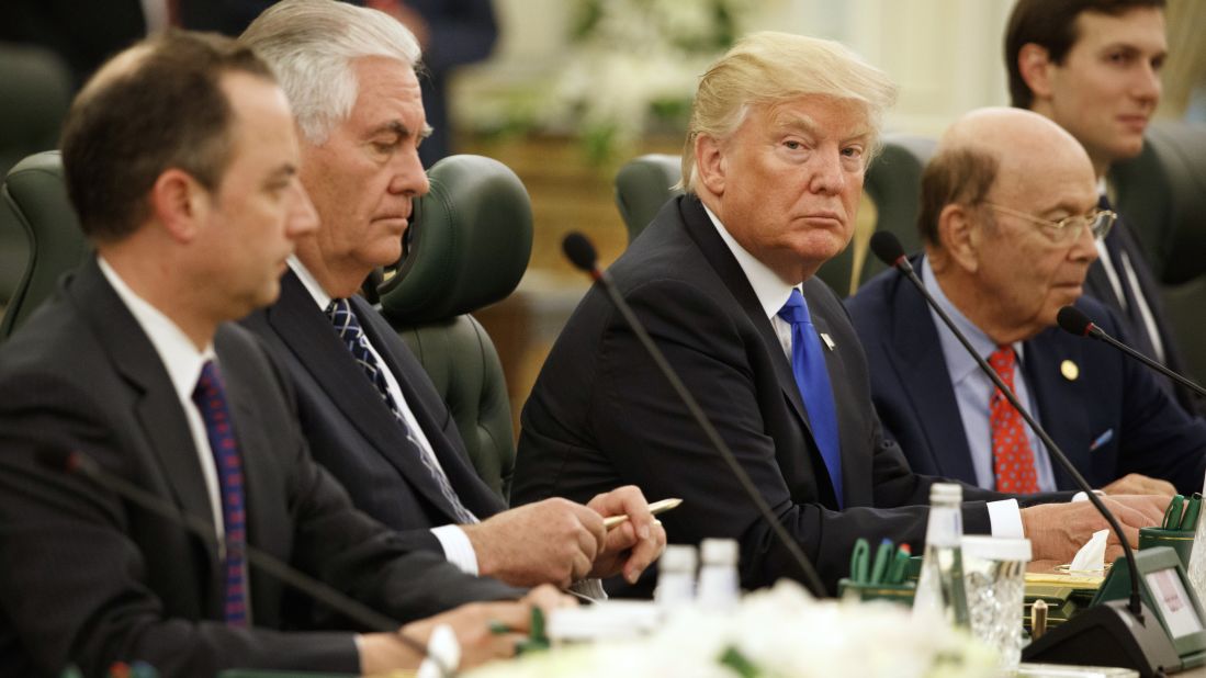 Trump sits with members of his staff and Cabinet before a meeting with Saudi King Salman on May 20.