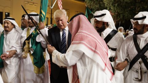 Trump is handed a sword during a welcoming ceremony at Riyadh's Murabba Palace on Saturday, May 20.