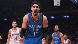 NEW YORK, NY - NOVEMBER 28:  Enes Kanter #11 of the Oklahoma City Thunder reacts against the New York Knicks during the first half at Madison Square Garden on November 28, 2016 in New York City. NOTE TO USER: User expressly acknowledges and agrees that, by downloading and or using this photograph, User is consenting to the terms and conditions of the Getty Images License Agreement.  (Photo by Michael Reaves/Getty Images)