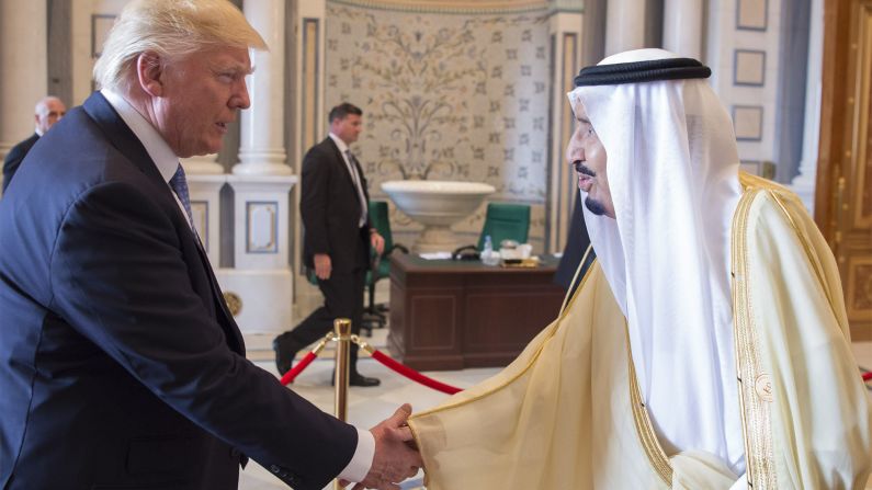 Saudi King Salman shakes hands with Trump on May 21. Trump is the first US president <a href="index.php?page=&url=http%3A%2F%2Fwww.cnn.com%2F2017%2F05%2F19%2Fworld%2Fdonald-trump-first-foreign-presidential-trips%2F" target="_blank">to start his first foreign trip in the Middle East.</a>