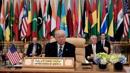 US President Donald Trump (C) is seated for at the Arabic Islamic American Summit at the King Abdulaziz Conference Center in Riyadh on May 21, 2017.Trump tells Muslim leaders he brings message of 'friendship, hope and love' / AFP PHOTO / MANDEL NGAN        (Photo credit should read MANDEL NGAN/AFP/Getty Images)
