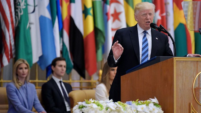 US President Donald Trump speaks during the Arabic Islamic American Summit at the King Abdulaziz Conference Center in Riyadh on May 21, 2017.Trump tells Muslim leaders he brings message of 'friendship, hope and love' / AFP PHOTO / MANDEL NGAN        (Photo credit should read MANDEL NGAN/AFP/Getty Images)
