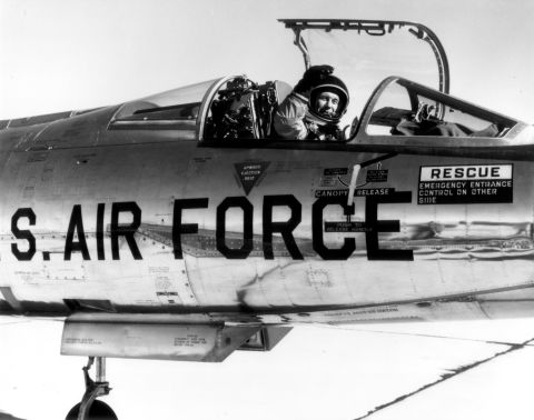 Legendary test pilot Chuck Yeager flew a modified Starfighter -- an NF-104 -- outfitted with a rocket engine to add thrust to its jet engine. Shortly after this photo was taken, Yeager pushed an NF-102 almost 21 miles high and lost control of the aircraft. Unable to regain control, he bailed out and parachuted to safety, becoming the first pilot to execute an emergency ejection in a full pressure suit. 