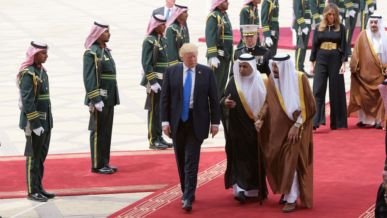 Trump is welcomed by King Salman after arriving at the King Khalid International Airport in Riyadh.