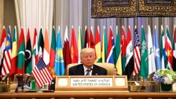 President Donald Trump waits to deliver a speech to the Arab Islamic American Summit, at the King Abdulaziz Conference Center, Sunday, May 21, 2017, in Riyadh, Saudi Arabia. (AP Photo/Evan Vucci)