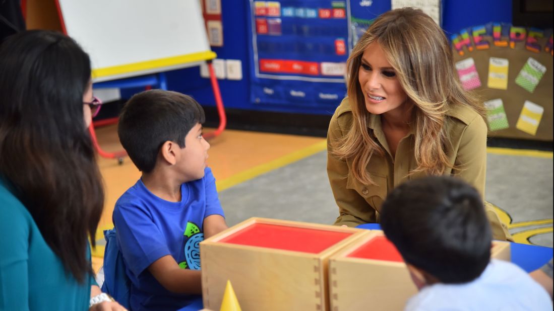 First lady Melania Trump chats with children during a visit to the American International School in Riyadh on May 21.