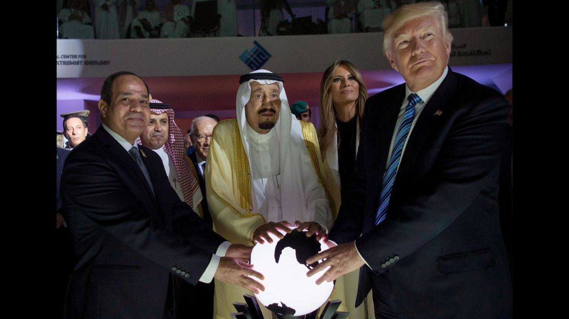 Sisi (L), King Salman (C) and Trump open a new counter-terrorism center in Riyadh.