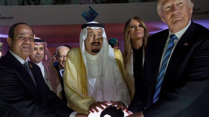 A photo made available by the Saudi Press Agency shows US President Donald J. Trump, US First Lady Melania Trump, King Salman bin Abdulaziz al-Saud of Saudi Arabia and Egyptian President Abdel Fattah al-Sisi opening the World Center for Countering Extremist Thought in Riyadh, Saudi Arabia, 21 May 2017. President Trump is in Ridayah to attend the Gulf Cooperation Council summit.