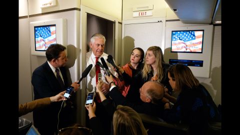 On the way to Tel Aviv, US Secretary of State Rex Tillerson speaks with reporters aboard Air Force One.