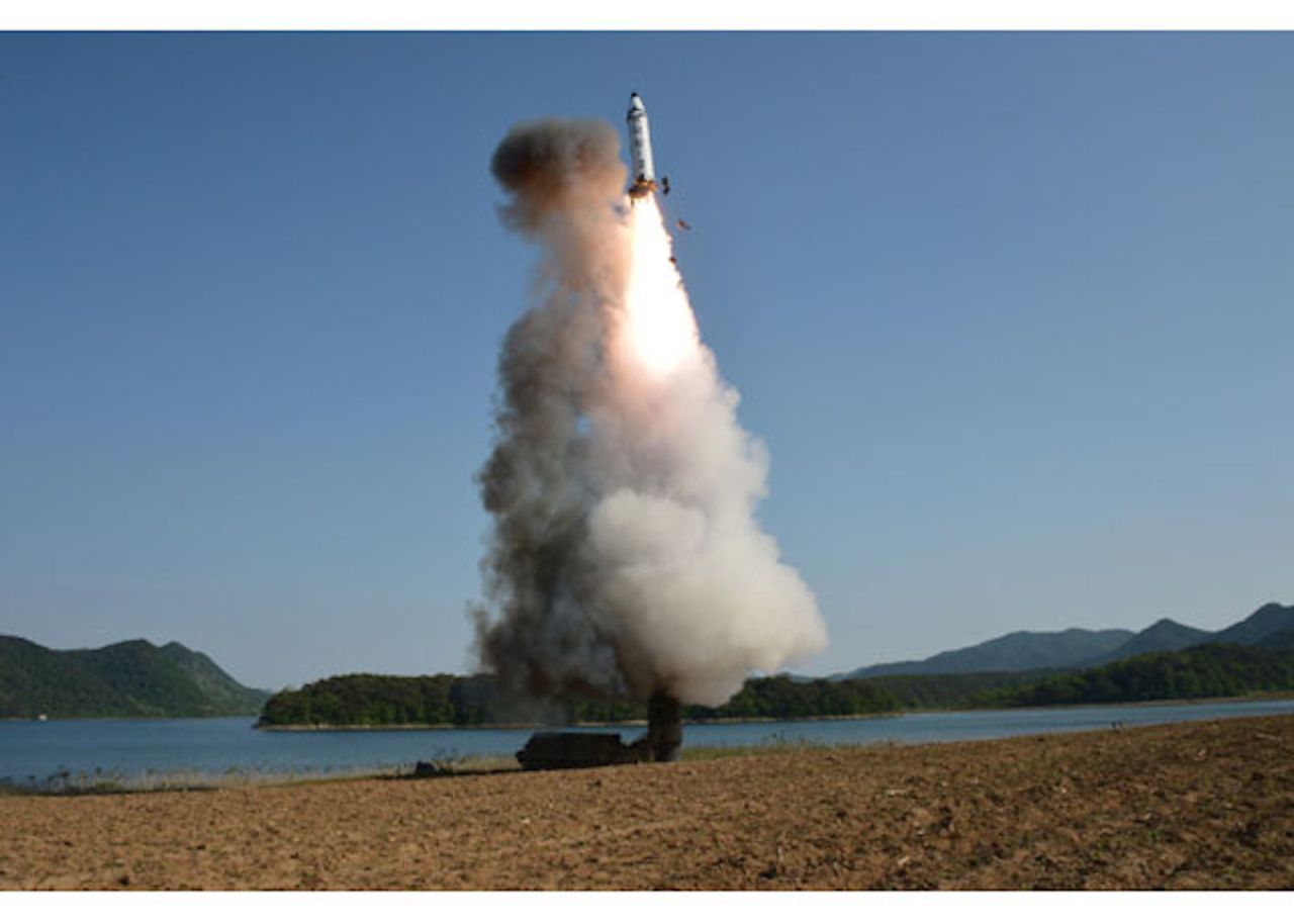 A North Korean Pukguksong-2 missile lifts off from a mobile launcher on Sunday, May 21.